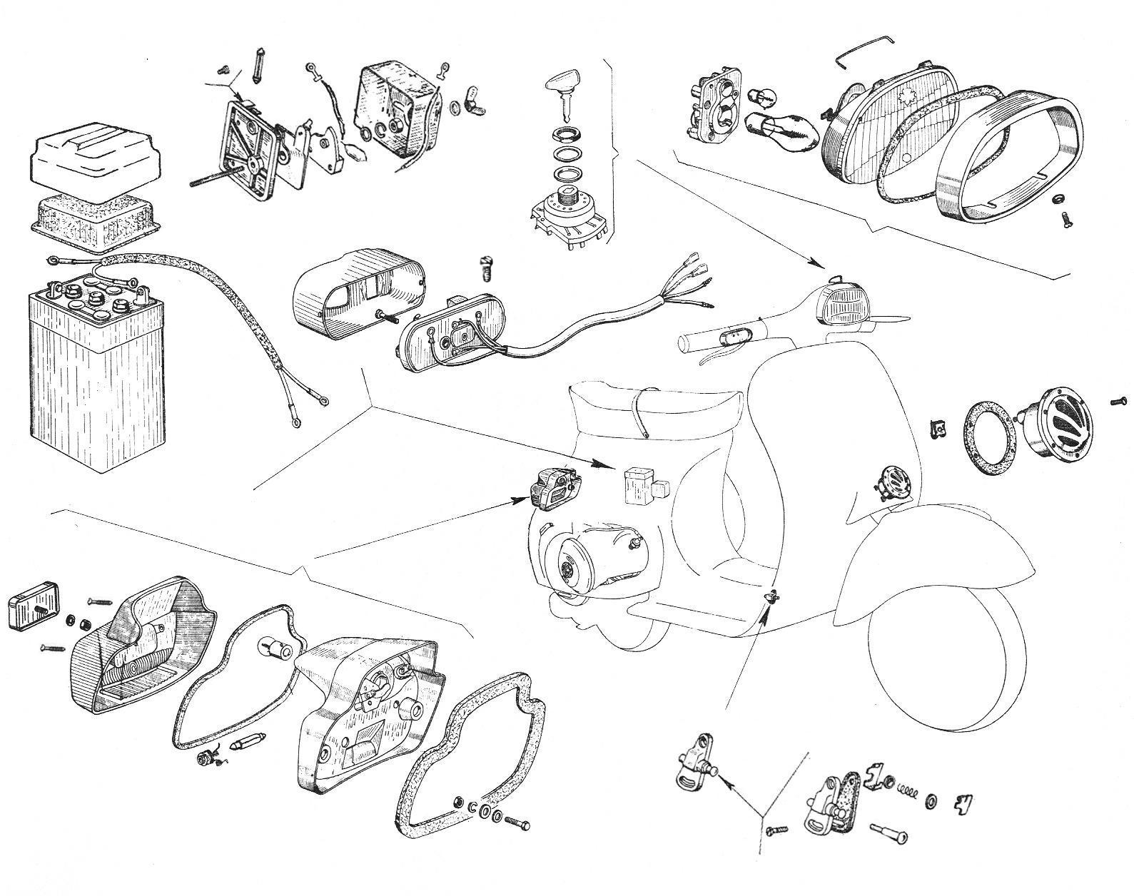 Faro - Clacson - Raddrizzatore - Batteria - Fanalino posteriore - Vespa 180 Super Sport (VSC1T)