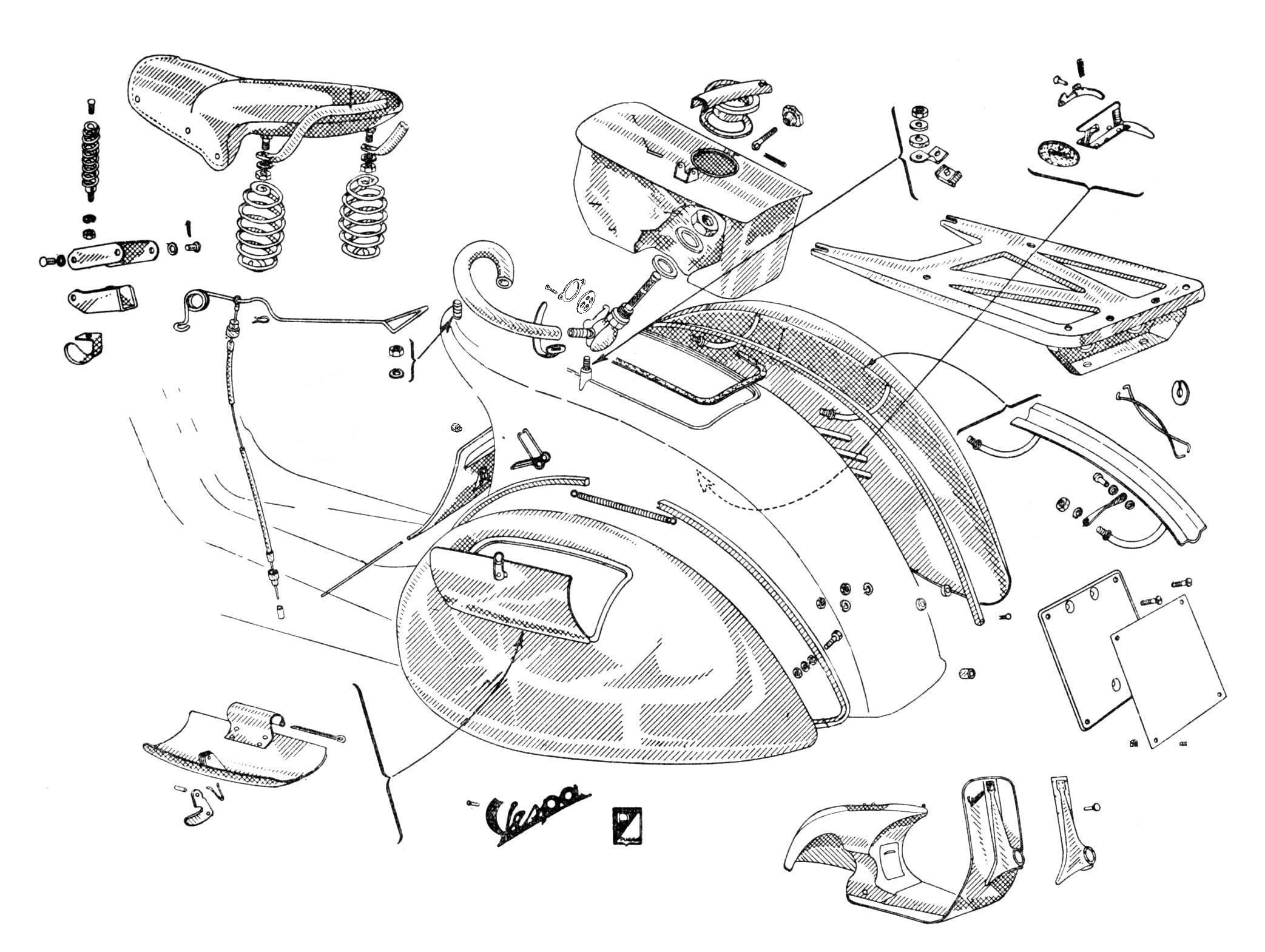 Serbatoio - Sella - Sacca per attrezzi - Cofano motore - Vespa 125 (VN1T)