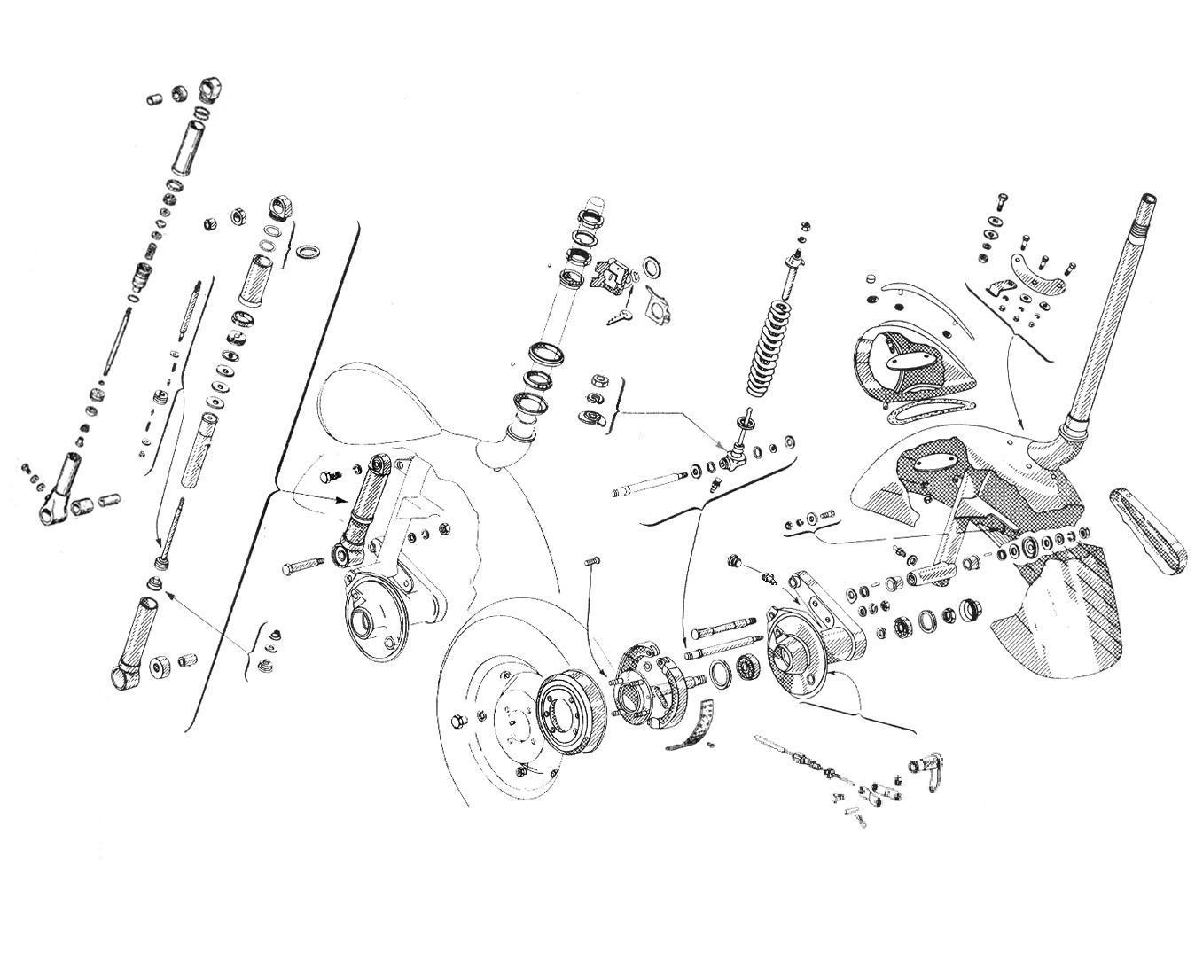 Parafango - Mozzo ruota anteriore - Ammortizzatore anteriore - Vespa 125 (VM2T)