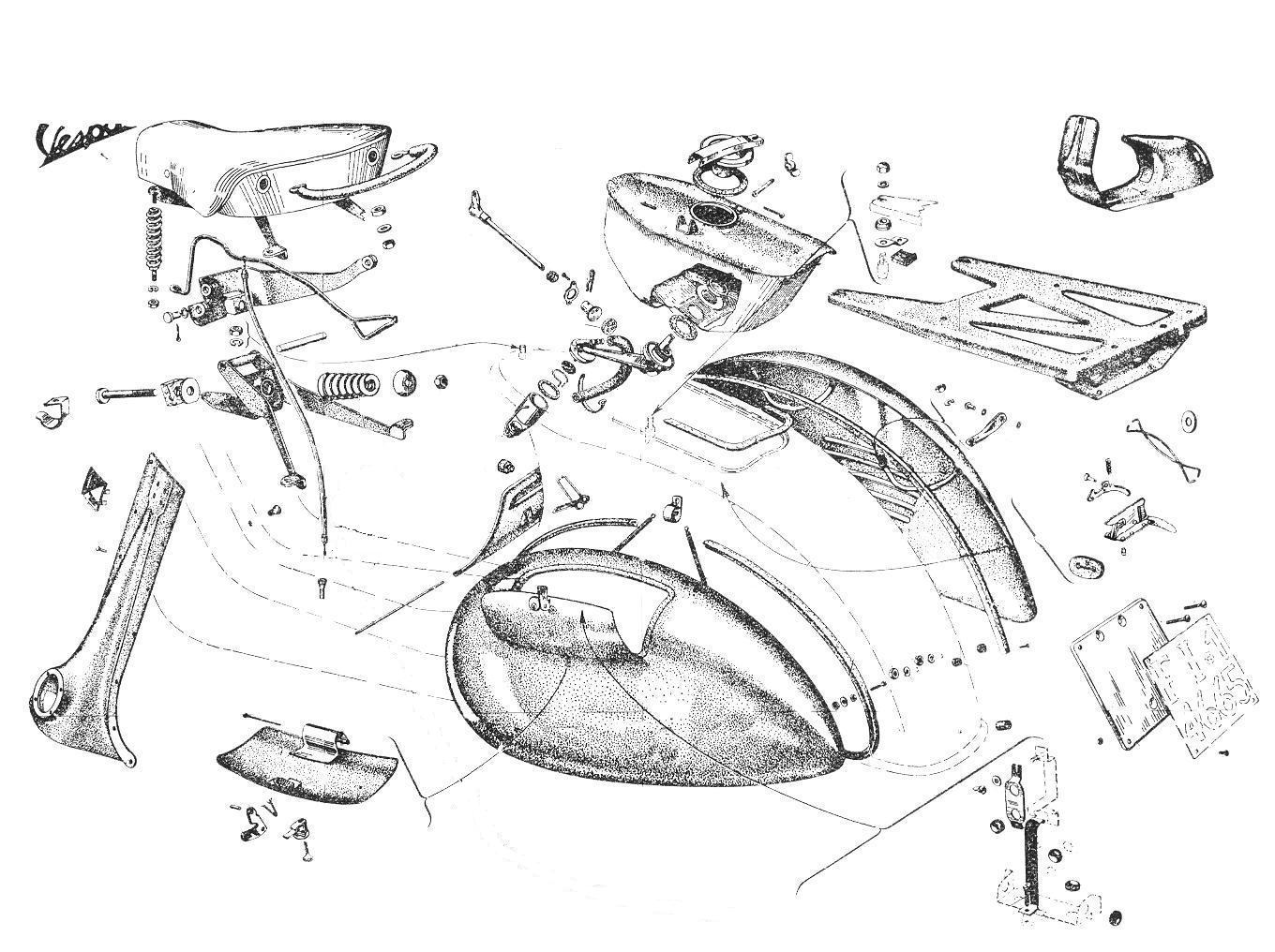 Serbatoio - Sella - Sacca per attrezzi - Cofano motore - Vespa 150 (VB1T)