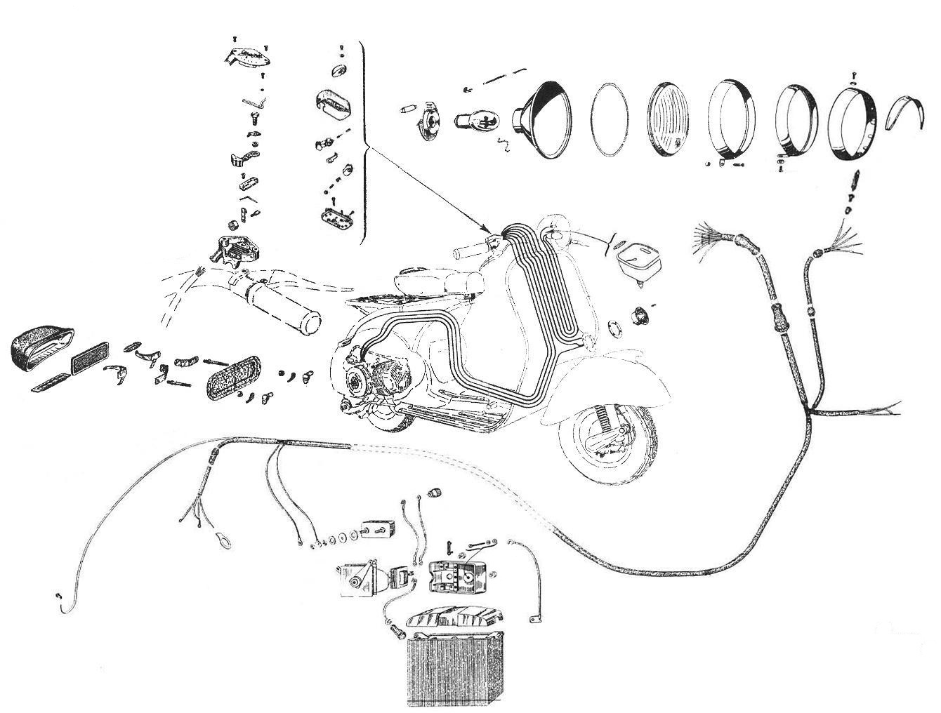 Faro anteriore - Fanalino posteriore - Claxon - Commutatore - Batteria - Vespa 150 (VB1T)