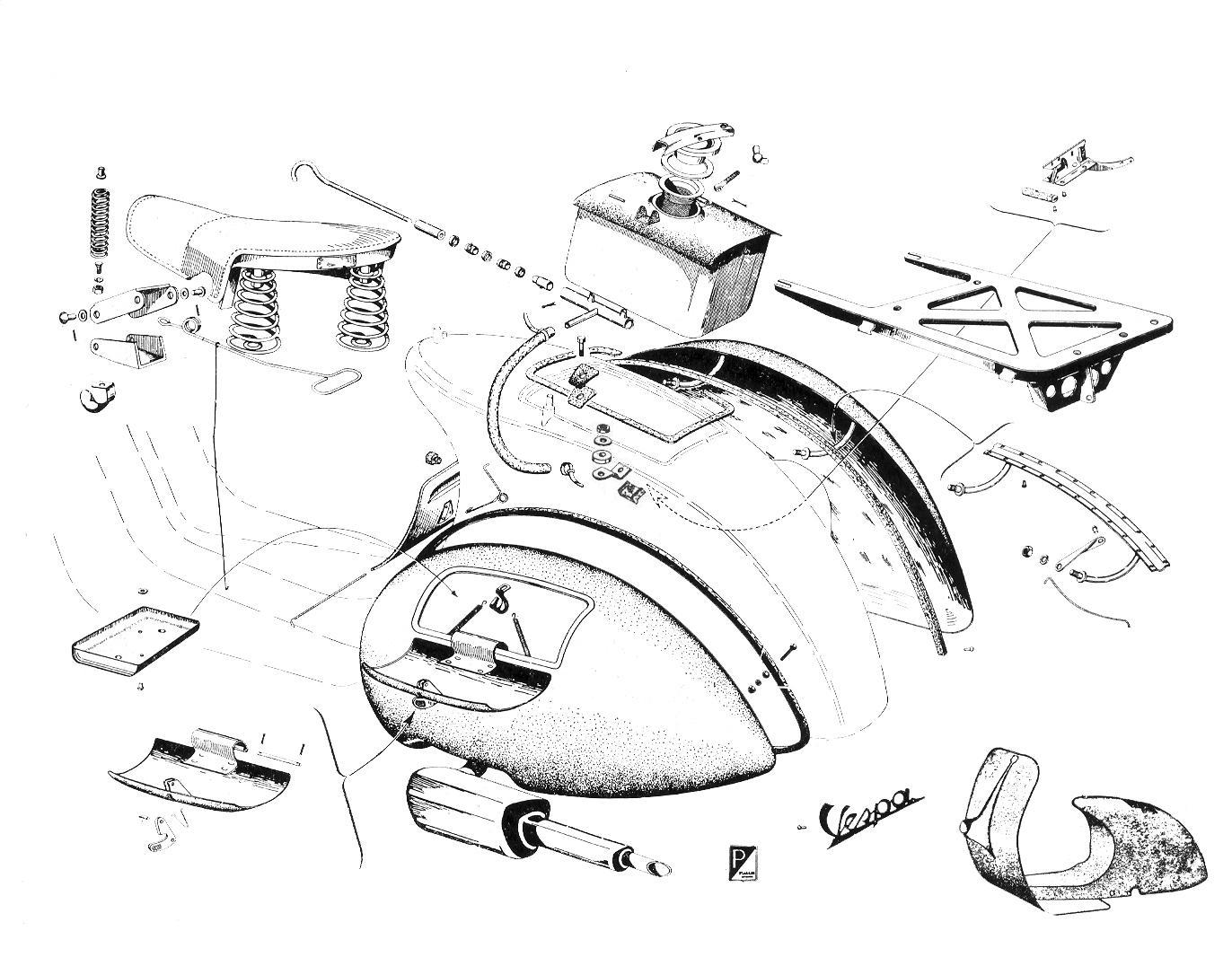 Serbatoio - Sella - Sacca per attrezzi - Cofano motore - Marmitta - Vespa 125 (V11->15T)